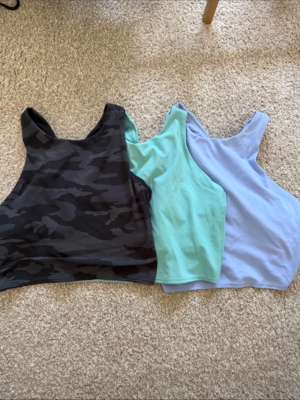 Athleta Black Camo, Mint Green, and Light Blue Tank Tops